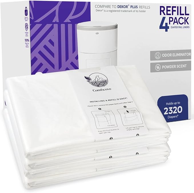 COMFICOVE Refills Compatible with DEKOR PLUS Diaper Pails | 4 Pack | Extra Thick Diaper Pail Refill Liners | Fresh Scent | Easy to Replace and Dispose of Diaper Bag | Odorless Baby Diapers Disposal
