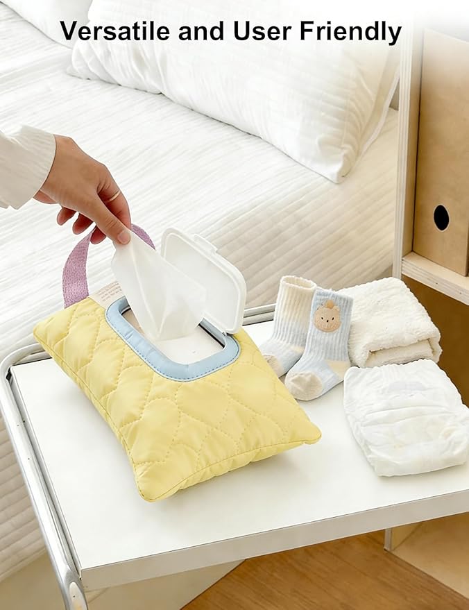 Reusable Baby Wipe Cover Fabric Quilted, Universal Size Travel-Friendly Baby Wipes Bag with Zipper Compatible with HUGGIES,WaterWipes,Pampers,Johnson and More Brands (Yellow)