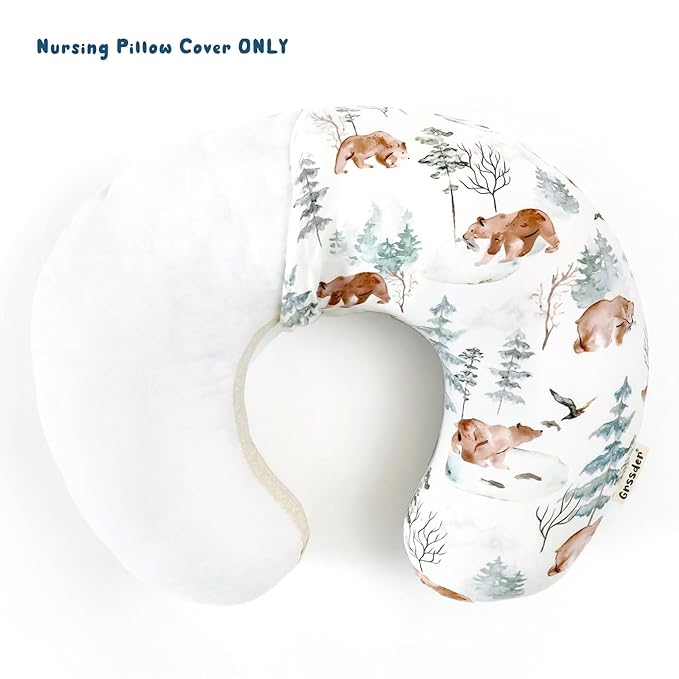 GRSSDER Nursing Pillow Cover, Stretchy Soft Minky Fabric Covers, Fit Most Nursing Support Pillows for Breastfeeding, Comfortable Safe Pillow Cover, Stylish Cute Bear Pattern