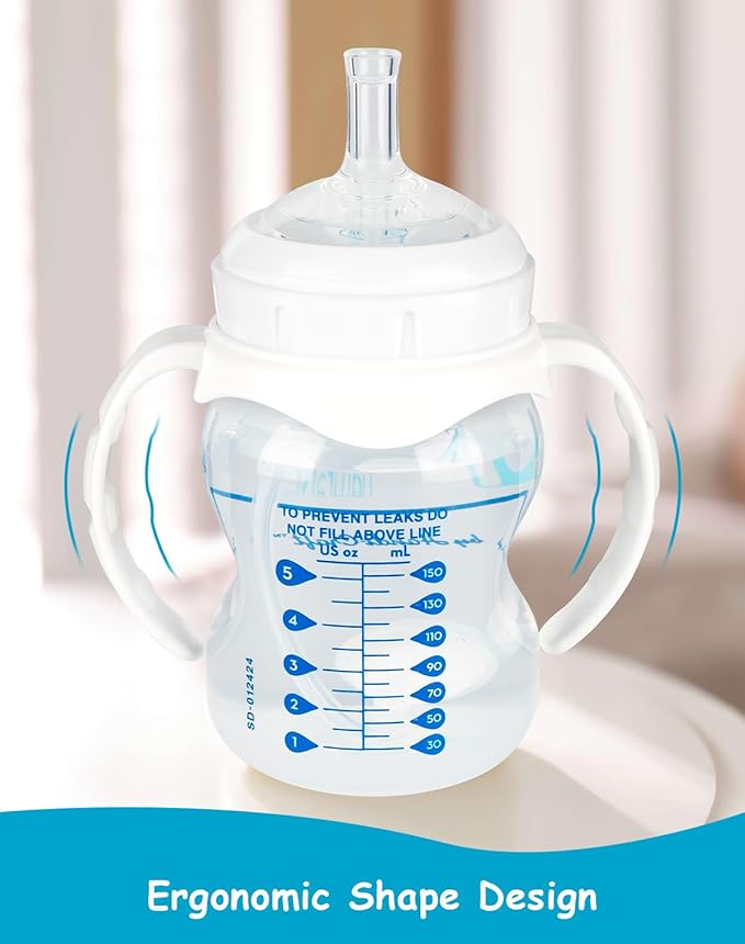 Sippy Straw Cup Conversion Kit for Dr Browns Wide-Neck Baby Bottles, Spill-Proof Transition Kit with Silicone Sippy Nipple, Weighted Straw, Handle, 2 Pack, 8m+