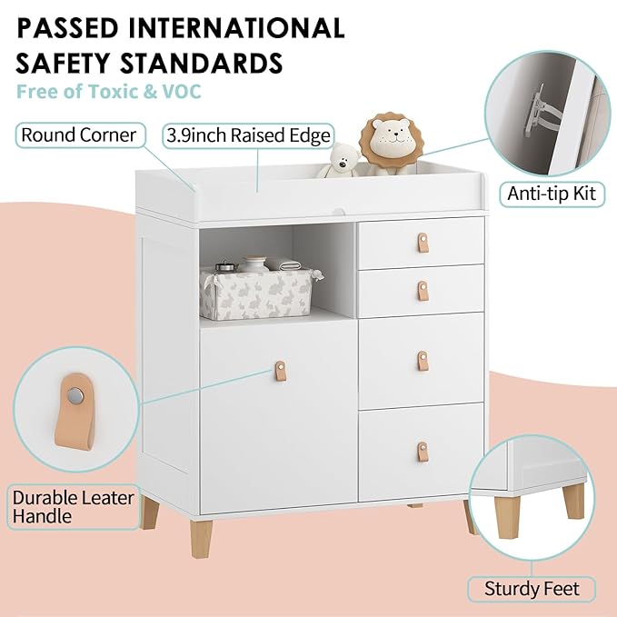 Timechee Baby Changing Table Dresser, 33.5" Baby Nursery Dresser with Drawers & Shelf, Wooden Storage Cabinet Chest w/Changing Station for Infant Kids Bedroom, White