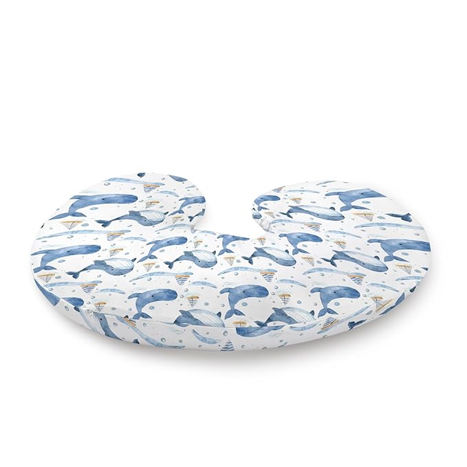 Watercolor Ocean Whale Pattern Nursing Pillow Cover, Unisex Sea Animals Sailboats Removable Breastfeeding Pillowcase Slipcover for Baby Girls Boys Newborns Toddlers, Cover Only