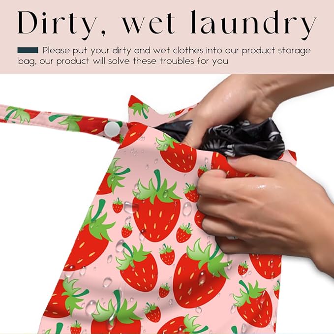Wet Bag, Wet Dry Bag, Waterproof Swim Bags, Machine Washable Reusable Bags for Beach, Pool, Diapers, and Dirty Yoga Gym Clothes(Pink & Red Strawberry Print