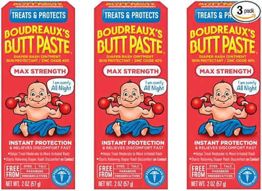 Boudreaux's Butt Paste Maximum Strength Diaper Rash Cream, Ointment for Baby, 2 oz Tube, 3 Pack