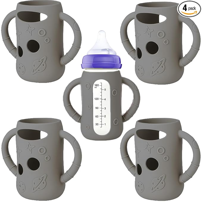 4 Pcs Silicone Pink Sleeves for Lansinoh (Old Style) Anti-Colic Glass Baby Bottles, Drop Protection Silicone Covers Compatible with 5 Ounces Lansinoh Glass Bottles, BPA-Free (Gray)
