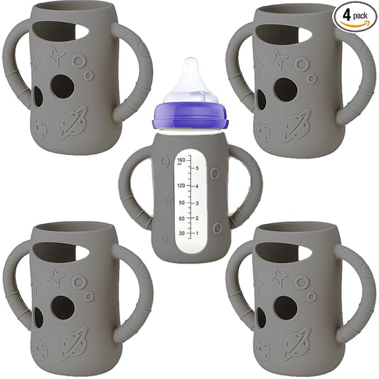 4 Pcs Silicone Pink Sleeves for Lansinoh (Old Style) Anti-Colic Glass Baby Bottles, Drop Protection Silicone Covers Compatible with 5 Ounces Lansinoh Glass Bottles, BPA-Free (Gray)