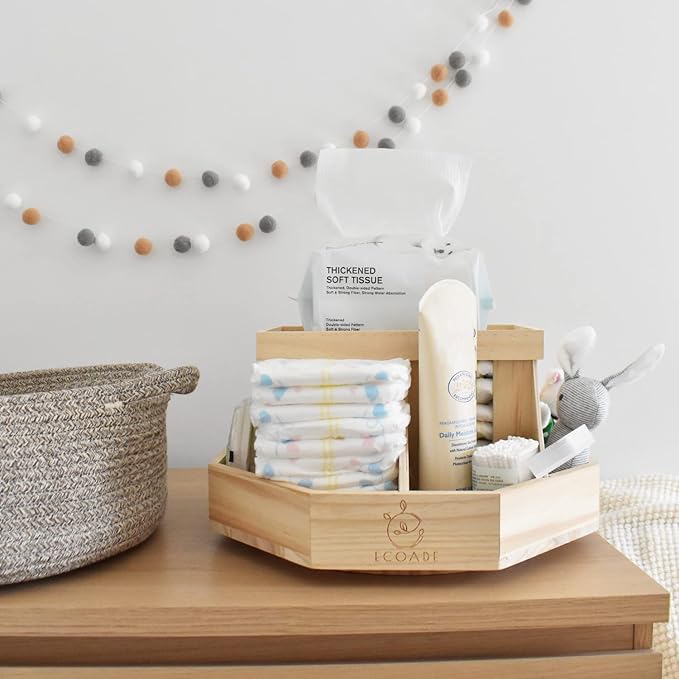 ECOADE Wooden Diaper Caddy Organizer - 360 Degrees Rotating Caddy with Removable Dividers, Nursery Diaper Organizer