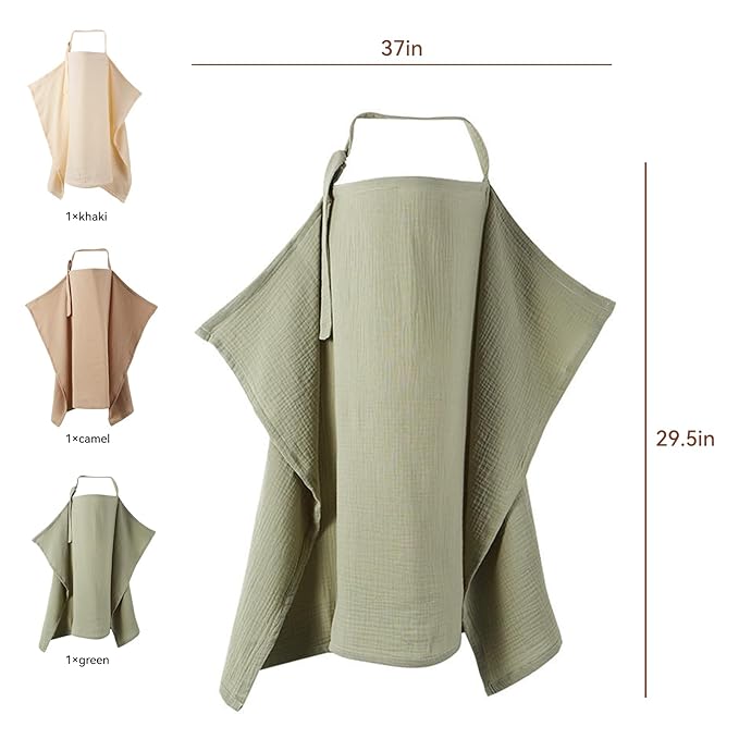 3 Pack Breathable Nursing Cover Up, Breastfeeding Essentials Chest Privacy Cloth Soft Cotton Lightweight Professional Apron Women New Mom Baby Shower Gift (Green Camel Khaki)