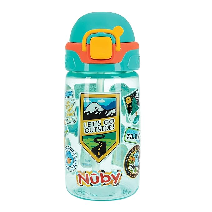 Nuby Kids Spill Proof Push Button and Travel Sticker Water Bottle with Soft Silicone Spout: 18+ Months, 14oz / 420ml