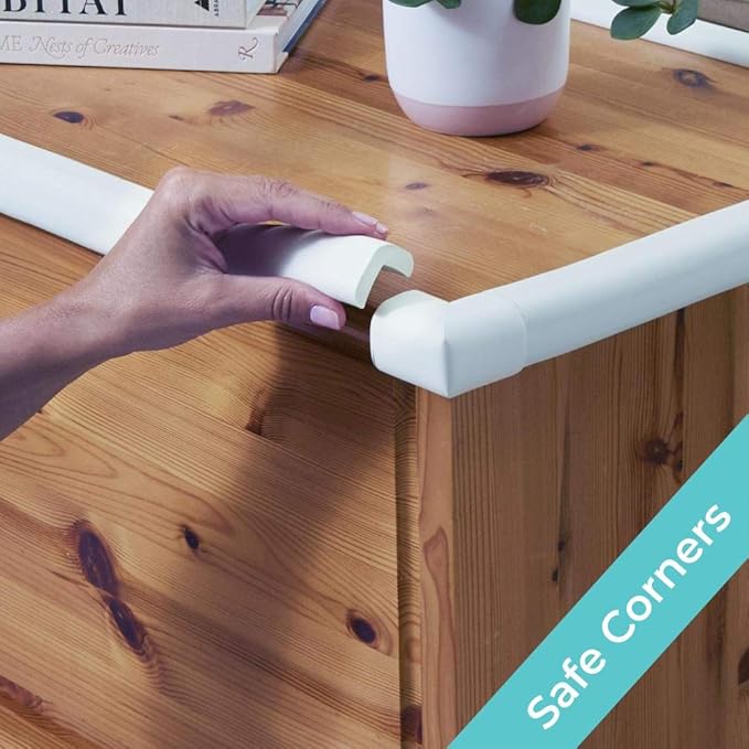 Toddleroo by North States - Foam Edge Protector Set for Baby Proofing: Furniture Corner & Edge Safety Bumpers - 12 Foot Roll of Padding & 4 Corner Protectors - 5 Piece Set - White