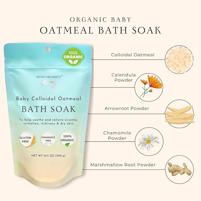 Oatmeal Baby Bath Powder by Irene Organics with Colloidal Oatmeal for Treatment of Eczema, Diaper Rash, Dry Skin and Irritation, Moisturizes and Soothes Baby’s Skin, 2 Pack