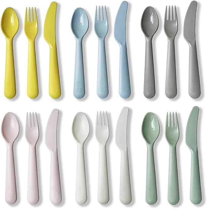 18Pcs Plastic Toddler Utensils Set Kids Spoons Forks Knife Colored Baby Flatware Set Silverware Set Reusable Utensils BPA FREE Dishwasher Safe Cutlery