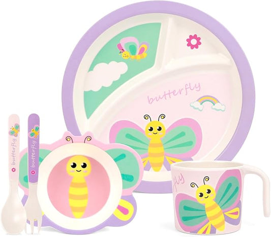 Kids Dinnerware Set, Includes Toddler Plate Bowl Tumbler and Utensils, BPA Free Bamboo Fiber Material Perfect for Little Girls (Purple - Butterfly Theme)