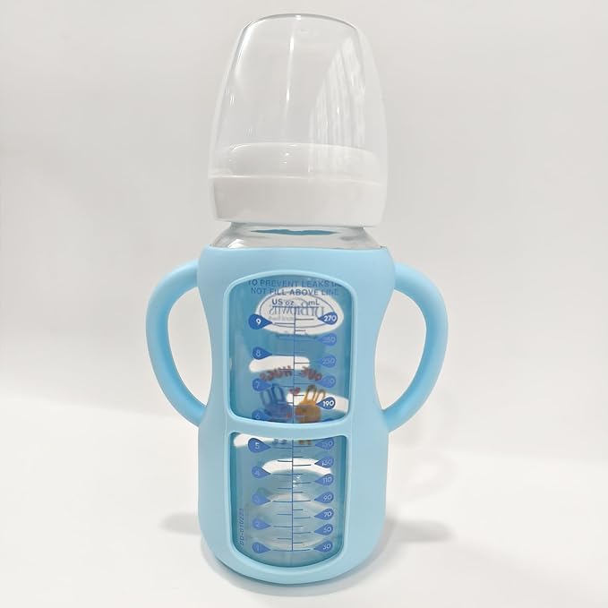 3 Pack Silicone Sleeves Compatible with Dr Brown Wide-Neck Glass Baby Bottles 9 OZ, 100% Silicone for Dr Brown Handles Glass Bottles 1-3, Anti Breakage (Blue, 9 OZ)