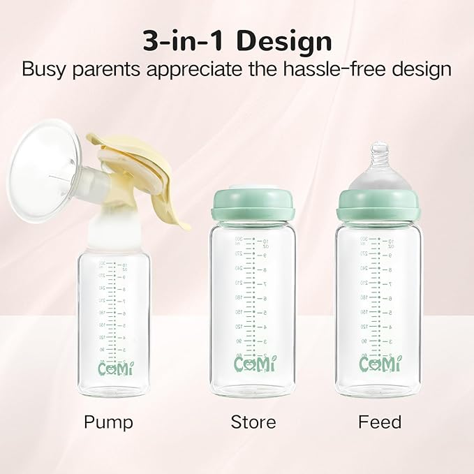 COMI Wide Neck Glass Breastmilk Collection n Storage Bottle, 2 Packs,10oz with Screw Ring Sealing Disk,Re-markable Sealing Disc,BPA Free,Fits Breast Pumps&Nipples(2 Green Lids)