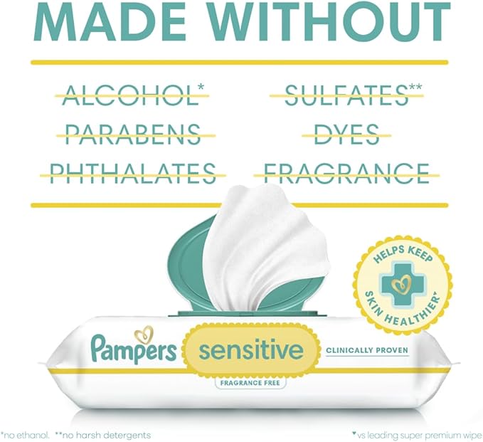 Pampers Sensitive Baby Wipes, Water Based, Clinically Proven, Hypoallergenic, and Unscented for Babies, 588 Wipes Total (7 Refill Packs) [Packaging May Vary]