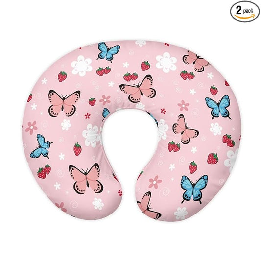 Butterfly Strawberry Print Nursing Pillow Cover for Infant Boy Girls Baby Breastfeeding Pillow Cover with Hidden Zipper, Neutral Nursing Pillow Slipcover, Soft and Breathable