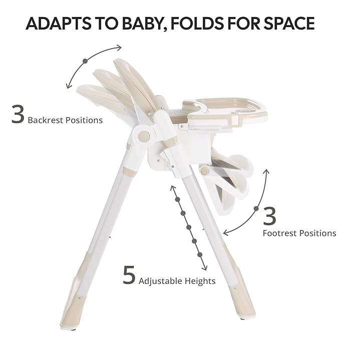Sunchild 3-in-1 Baby High Chair with Wheels, 5-Point Harness, Tray, Footrest, and Backrest, Foldable and Adjustable for Toddlers 6-36 Months, Beige