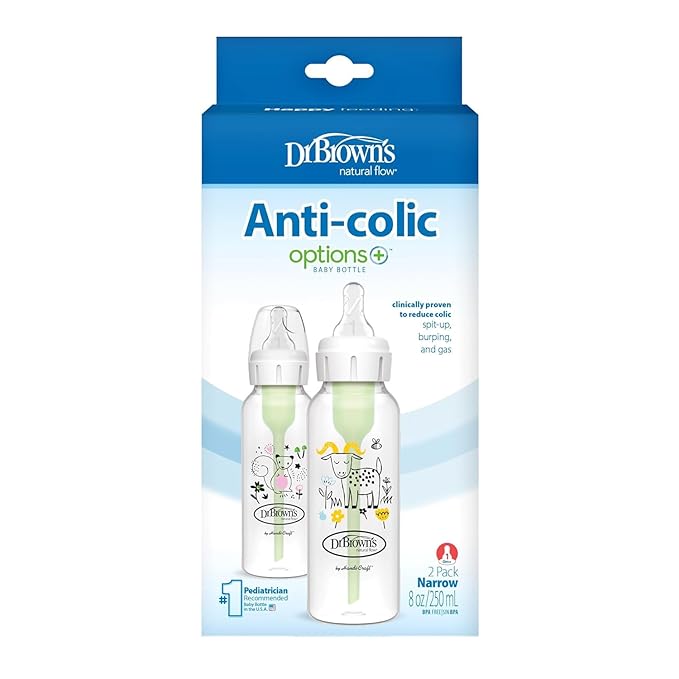 Dr. Brown's Natural Flow Anti-Colic Options+ Narrow Baby Bottle, 8 oz/250 mL, with Level 1 Slow Flow Nipple, BPA Free, 0m+, Squirrel, Goat, Bear, Owl, 4-Pack