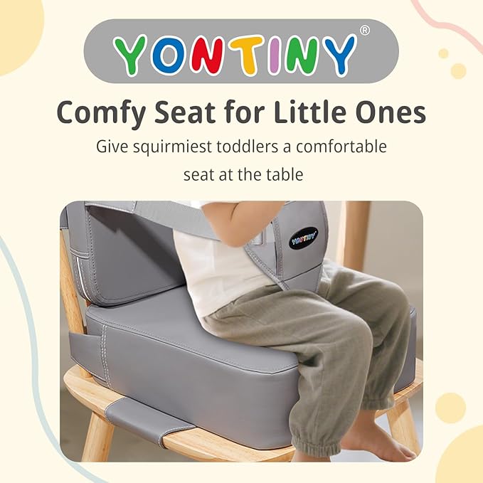 Toddler Booster Seat for Kitchen Chair with Removable Backrest & Adjustable Straps, PU Portable Waterproof & Non-Slip Booster Seat for Dining Table, Travel Child Eating Cushion-Light Grey