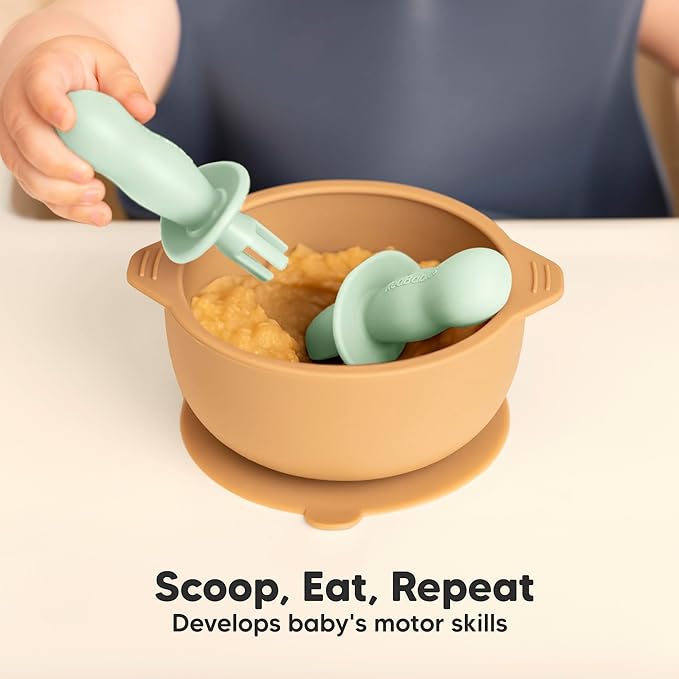 KeaBabies 4-Pack Silicone Baby Spoons and Forks Set - Baby Led Weaning Utensils 6-12 Months, Self Feeding Toddler Spoon & Fork for Training, Teething, Easy to Hold, BPA-Free Silicone(Mellow)