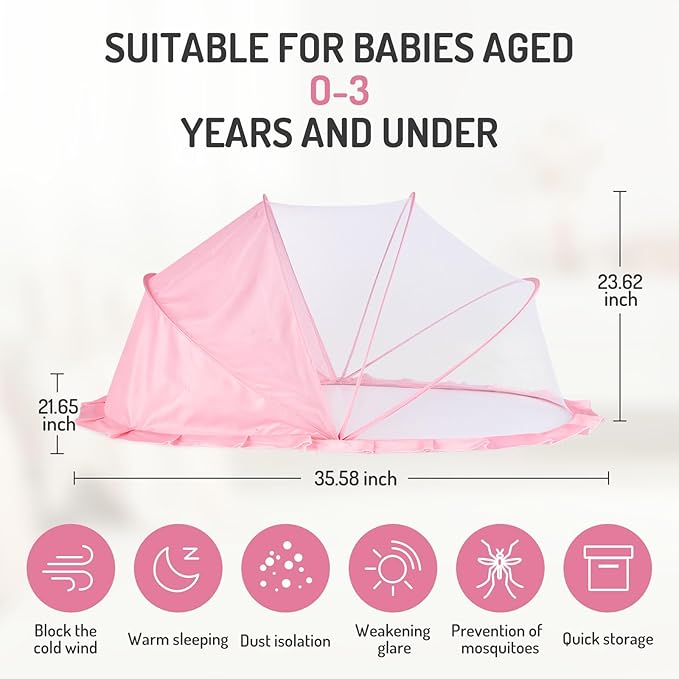 Folding Crib Net Mosquito Net for Baby – Kids Mosquito Netting Mesh Crib Canopy, Crib Blackout Cover with Shade Cover for Toddler Sleeping Outdoors, Travel Portable Baby Bed Tent, Pink, 36x22inch