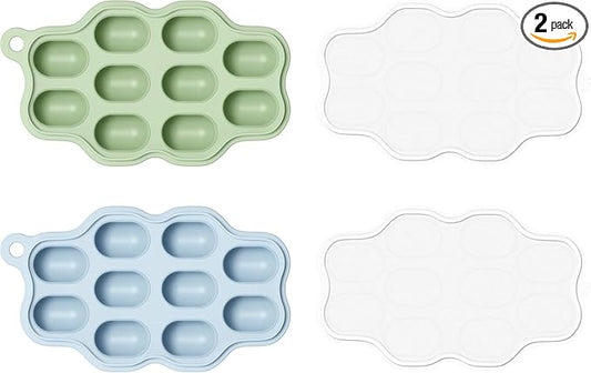 Baby Food Freezer Tray with Lid 2 Pack, Silicone Baby Food Storage Containers, Breastmilk Popsicle Mold, Small Ice Cube Tray for Homemade Baby Food（Blue/Green）