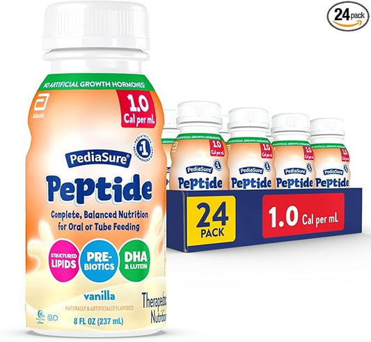 PediaSure Peptide 1.0 Cal, Peptide-Based Formula, Sole-Source Nutrition Drink for Tube Feeding or Oral Nutrition, Vanilla, 8-fl-oz Bottle, Pack of 24