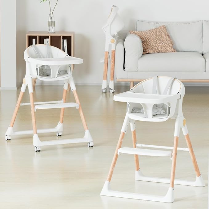 Baby High Chair, High Chairs for Babies and Toddlers, Convertible Folding High Chair with Removable Tray 5 Point Harness Footrest Detachable PU Cushion, Portable Highchair for Baby Toddlers