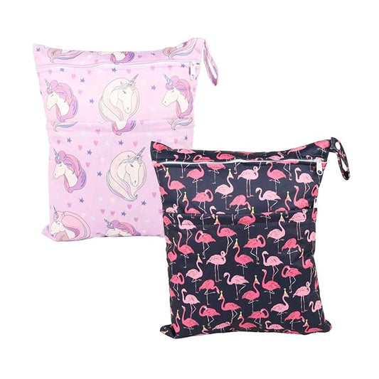 2 Wet Bags Reusable Diaper With Two Zippered Pockets For Girls (Flamingo and Horse)