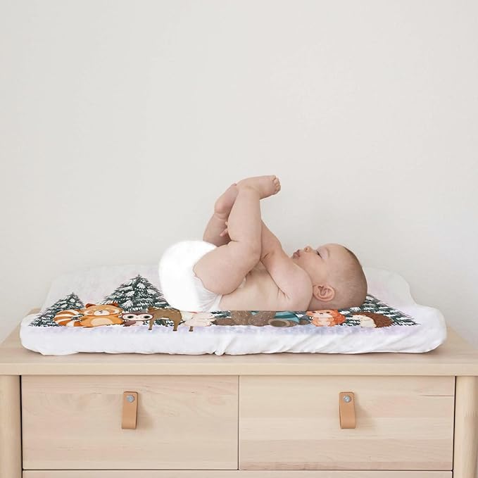Cute Animals Pine Trees Baby Changing Pad Covers Bear Raccoon Squirrel Deer Rabbit Hedgehog Owl Unisex Diaper Change Table Sheets for Boys Girls Soft Stretch Changing Mat Sheets 32''x16''