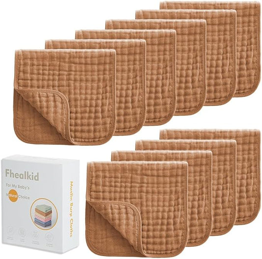 Muslin Burp Cloths Sets Newborn Baby Boy Essentials Must Haves 100% Cotton 10 Pack 20" X 10",6-Layer Baby Bibs & Burp Cloths for Baby Drool and Messes - Soft (COFFEE12, 10 - Pack 20"X10")