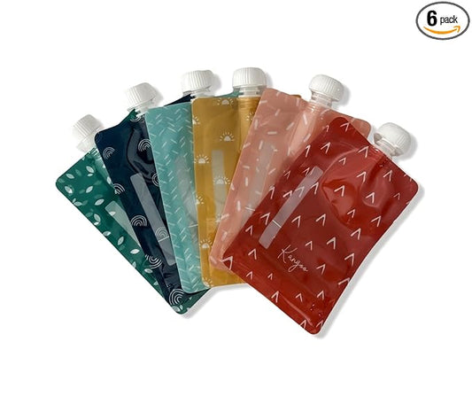 Reusable Baby Food Pouches Storage | Snacks | Purees, Apple Sauces, Smoothies | 6 Pack BPA-Free Plastic Refillable Squeeze Pouch | 5oz | Double Lock Zipper | Toddler Boho