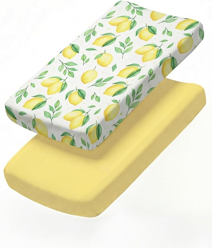 Changing Pad Cover - Pack of 2 Soft Unisex Diaper Change Microfiber Table Sheets - Fits 32"x16" Contoured Pad - Changing Pad Cover for Baby Boys and Girls - Snug, Machine Washable - Oeko-Tex, Lemons