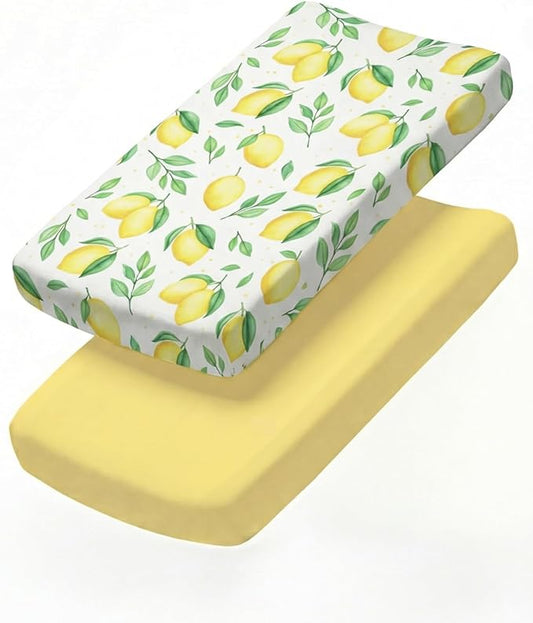 Changing Pad Cover - Pack of 2 Soft Unisex Diaper Change Microfiber Table Sheets - Fits 32"x16" Contoured Pad - Changing Pad Cover for Baby Boys and Girls - Snug, Machine Washable - Oeko-Tex, Lemons
