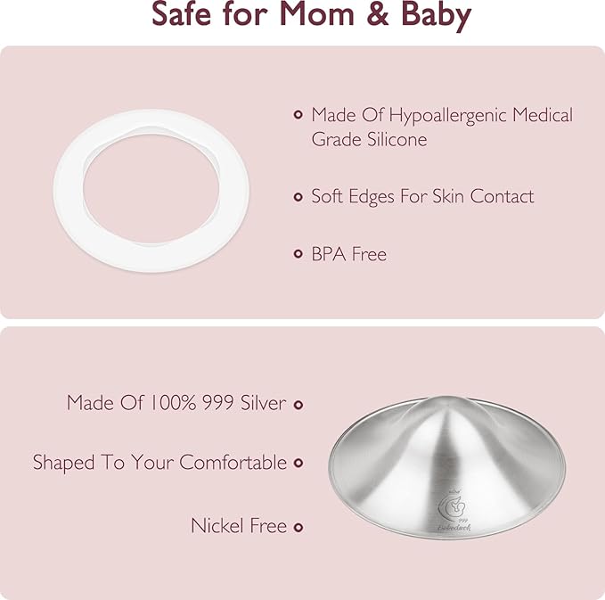 Boboduck 999 Silver Nipple Covers Breastfeeding - The Original Silver Nursing Cups - Protect and Soothe Sore Nipples - Silver Nipple Shield Guards with Soft Silicone Ring