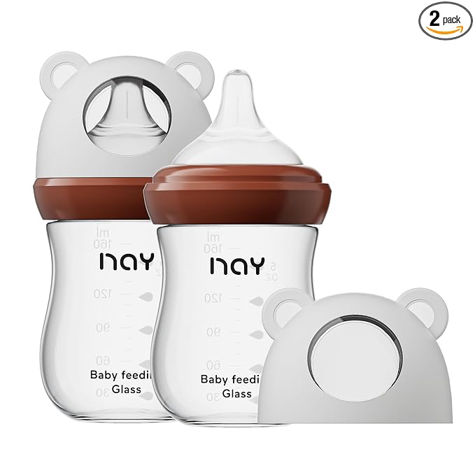 yanyoyo Natural Glass Baby Bottle for Breastfeeding Babies, 5.4oz Anti-Colic Baby Bottle with Natural Response Nipple(S), Clear, Wide Neck, 2 Pack, 1 Months+