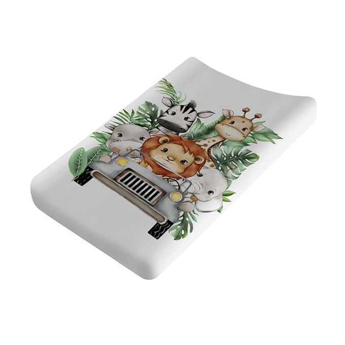 Jungle Safari Animals Truck Tropical Leaves Changing Pad Covers Elephant Giraffe Zebra Lion Hippo Diaper Change Table Sheets for Boy Girl Soft Stretchy Snug Fitted Changing Table Mats 32''x16''