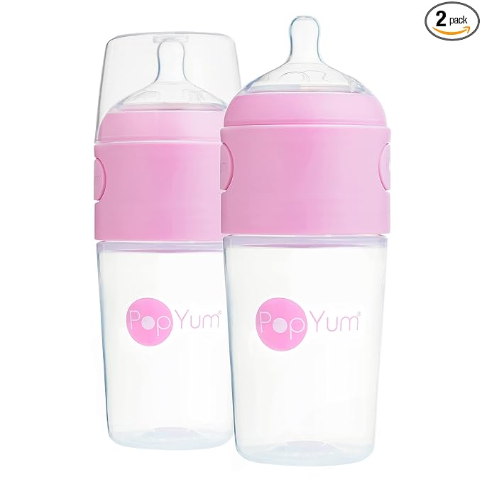 PopYum 9 oz Pink Anti-Colic Formula Making/Mixing/Dispenser Baby Bottles, 2-Pack with #2 Medium Flow Nipples, 260 ml, BPA-Free, Natural Latch