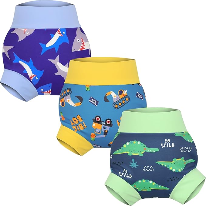 MooMoo Baby Swim Diapers 3 Pcs Waterproof Reusable Swimming Diapers for Baby Swim Lesson 2T-5T, Blue