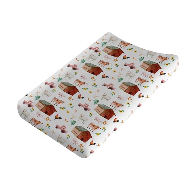 Watercolor Farm Animals Changing Pad Cover Barn Cow Lamb Pig Hen Duck Tractor Baby Diaper Changing Table Sheets for Boys Girls Soft Stretch Fitted Baby Changing Table Mats Covers 32''x16''