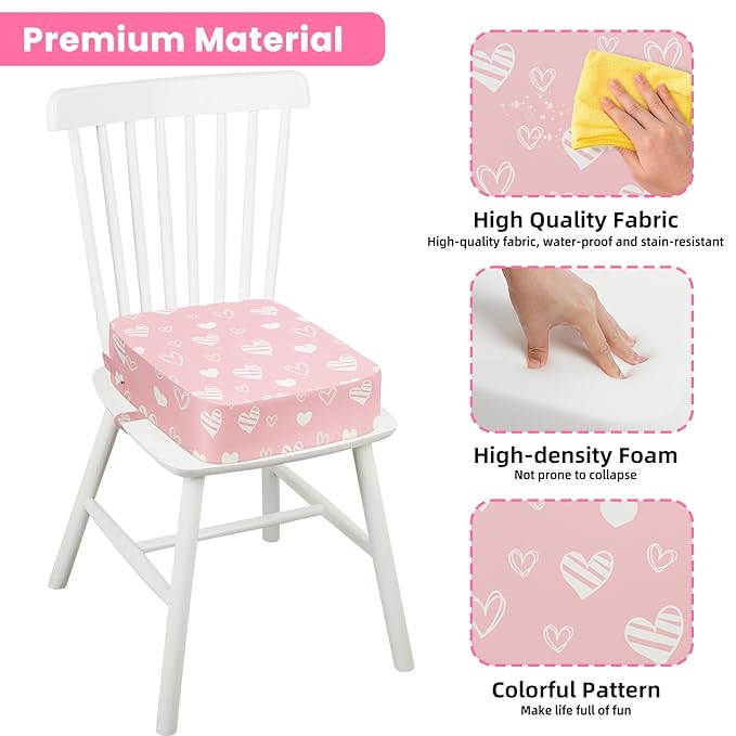 Toddler Booster Seat for Dining Table Kitchen Chair, Kids Booster Seat with Non-Slip Bottom and Adjustable Straps, 4" Detachable Washable Portable Travel Increasing Cushion (Hearts)