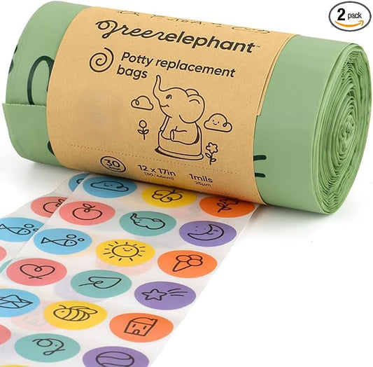 Green Elephant Travel Potty Bags-Potty Liners for Portable Potty,Bags for Portable Toilet,Liners Disposable Kids,Potty Training Liners Disposable,Potty Liners for Toddlers,Potty Chair Liners 30 count