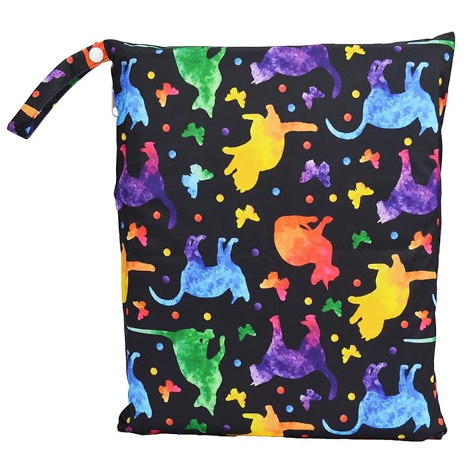 Wet Dry Bag Baby Cloth Diaper Nappy Reusable Washable With Two Zippered Pockets (Cats Butterflies)