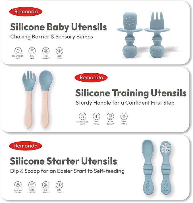 Remonda 23-Piece BPA-Free Silicone Baby Feeding Set | Extra Large Suction Plates, Toddler Bowls, Self Feeding Spoons, and More | Dishwasher Safe| Baby Led Weaning Supplies (Blue) A1