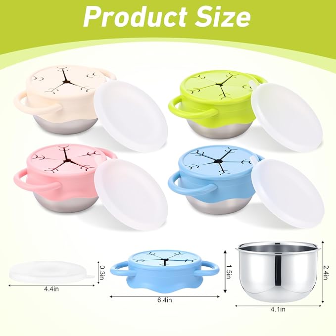 4 Pcs 13 oz Stainless Steel Snack Cups Spill Proof, 3 in 1 Baby Snack Containers Removable Silicone Food Catcher Travel Lid Food Catcher for Baby Toddler Kids, Dishwasher Safe (Macaron Color)
