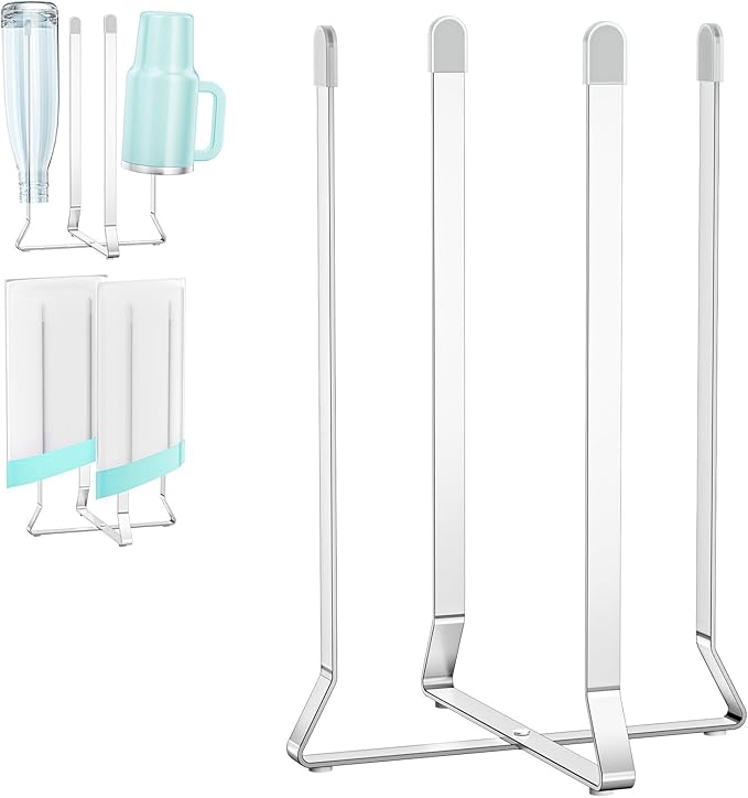 Bottle Drying Rack Reusable Drying Rack for Bottles Metal Foldable Water Bottle Dryer Holder Space Saving Cups Dryer Racks Kitchen Stand Holder for Plastic Bags, Bottles and Cups (Silver, 1PC)