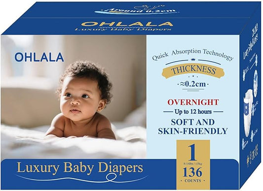 OHLALA Luxury Diapers Size 1 136 Count 8-14 lbs Hypoallergenic Skin-Friendly & Leakproof Fragrance-Free Ultra-Thin 2 Pack