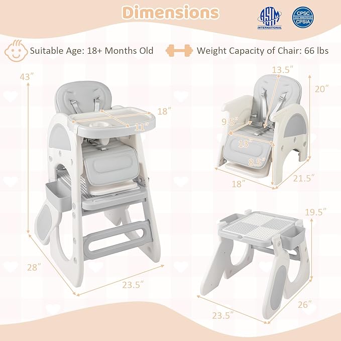 BABY JOY Baby High Chair, 8 in 1 Convertible High Chairs for Babies and Toddlers, Building Block Table and Chair Set, Adjustable Backrest, Removable Double Tray, Storage Boxes, Safety Harness (Gray)