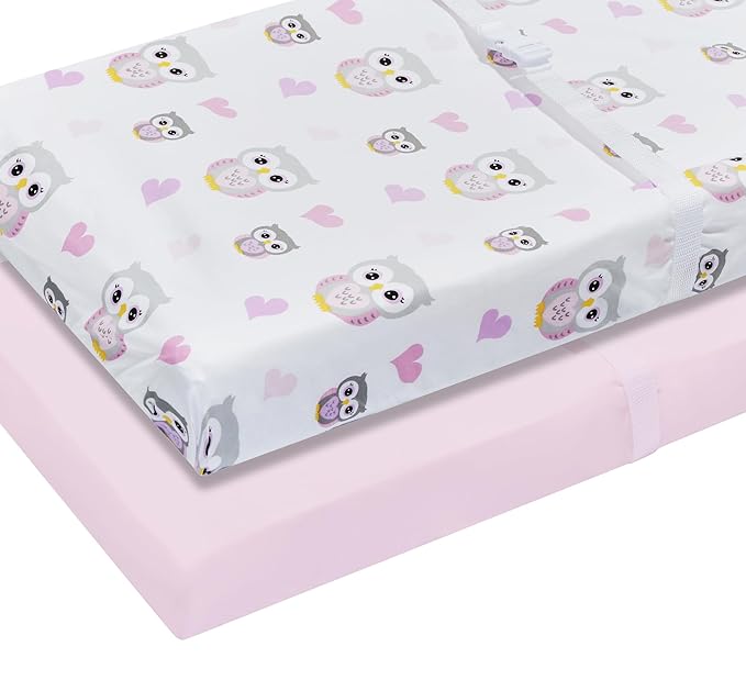 EVERYDAY KIDS 2 Pack Baby Changing Pad Covers for Girls in Solid Pink and Nature Owl Print – Fits Most Changing Table Pads; 100% Cotton Percale Weave, Breathable, Ultra Soft Changing Table Topper